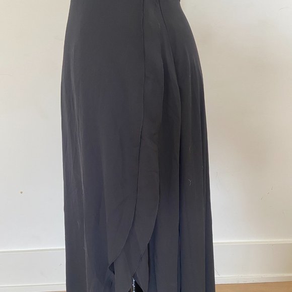 Black Tuxedo High Low Chiffon Dress with Slit & Sheer Plunging Neckline - Picture 7 of 11